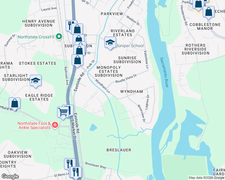 map of restaurants, bars, coffee shops, grocery stores, and more near 2630 Wyndham Lane in Redding