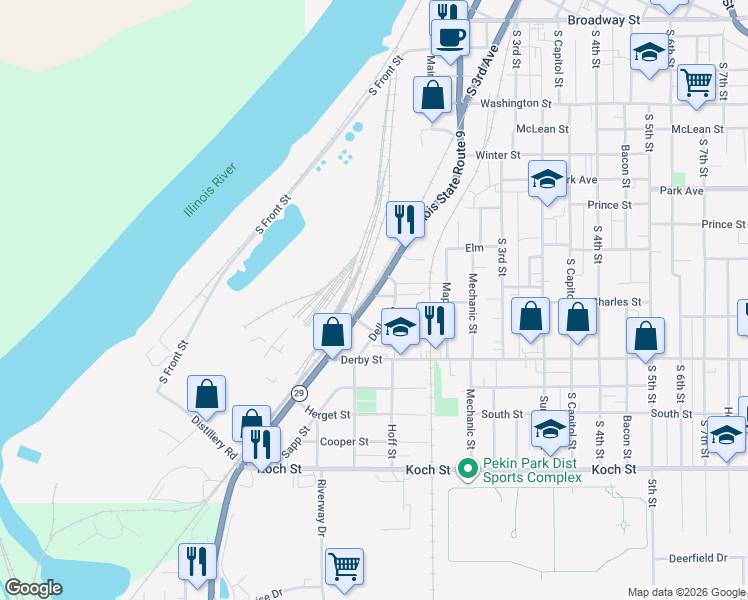 map of restaurants, bars, coffee shops, grocery stores, and more near 1201-1217 South 2nd Street in Pekin