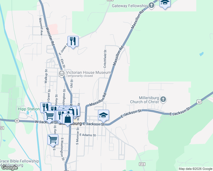 map of restaurants, bars, coffee shops, grocery stores, and more near 508 Massillon Road in Millersburg