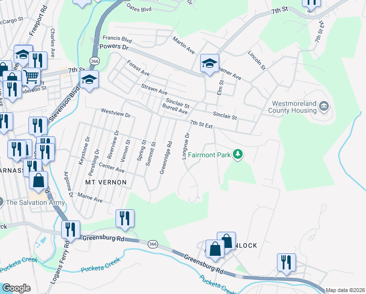 map of restaurants, bars, coffee shops, grocery stores, and more near 537 Longvue Drive in New Kensington
