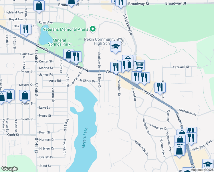 map of restaurants, bars, coffee shops, grocery stores, and more near 705 Grandview Avenue in Pekin