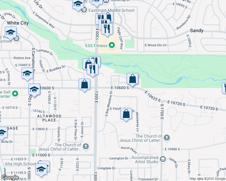 map of restaurants, bars, coffee shops, grocery stores, and more near 10617 South Bay Meadow Drive in Sandy