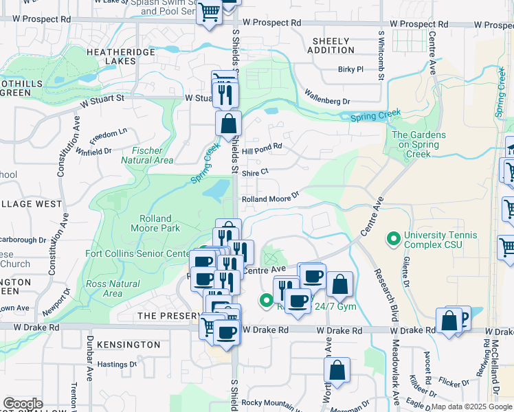 map of restaurants, bars, coffee shops, grocery stores, and more near 1021 Rolland Moore Drive in Fort Collins