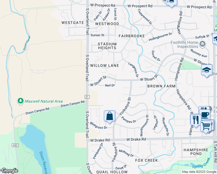 map of restaurants, bars, coffee shops, grocery stores, and more near 2919 Neil Drive in Fort Collins