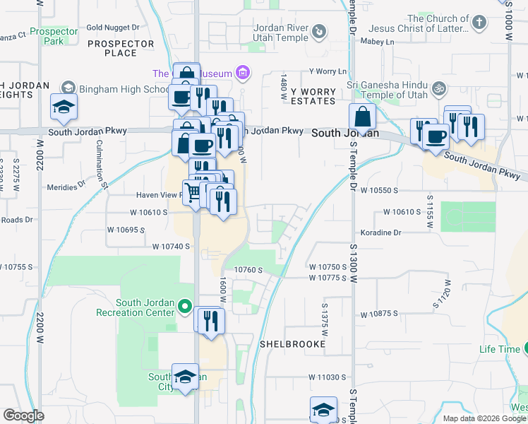 map of restaurants, bars, coffee shops, grocery stores, and more near 10601 Pinyon Pines Court in South Jordan