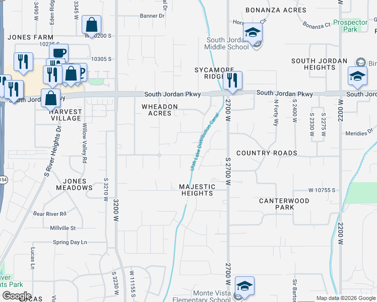 map of restaurants, bars, coffee shops, grocery stores, and more near 2908 West Bison Ridge Road in South Jordan
