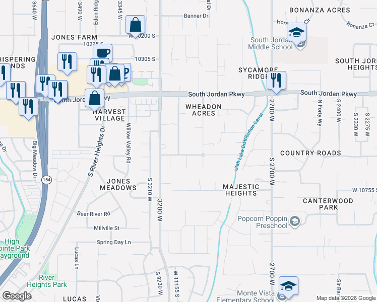 map of restaurants, bars, coffee shops, grocery stores, and more near 3072 Bison Ridge Road in South Jordan