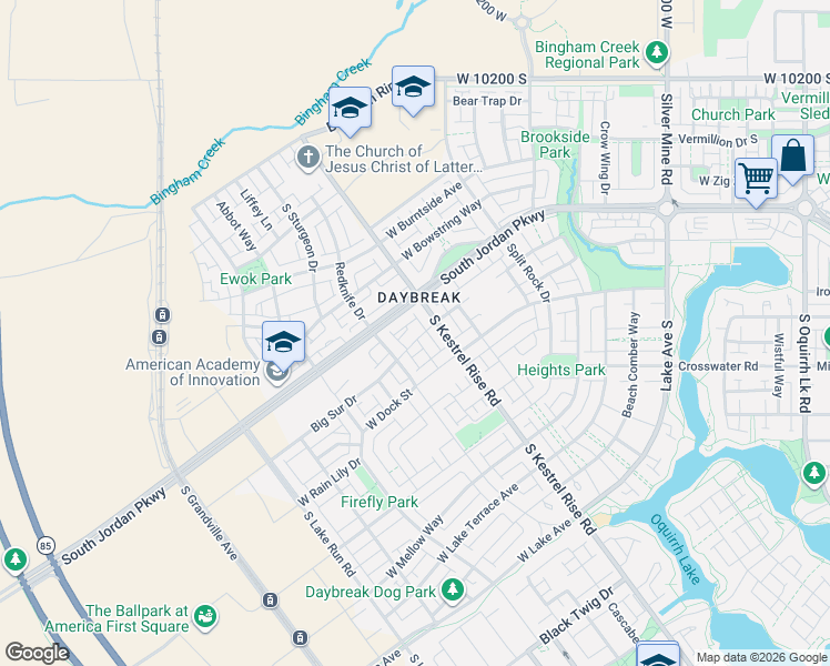 map of restaurants, bars, coffee shops, grocery stores, and more near 5210 Big Sur Drive in South Jordan