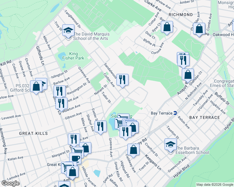 map of restaurants, bars, coffee shops, grocery stores, and more near 116 Corbin Avenue in Staten Island