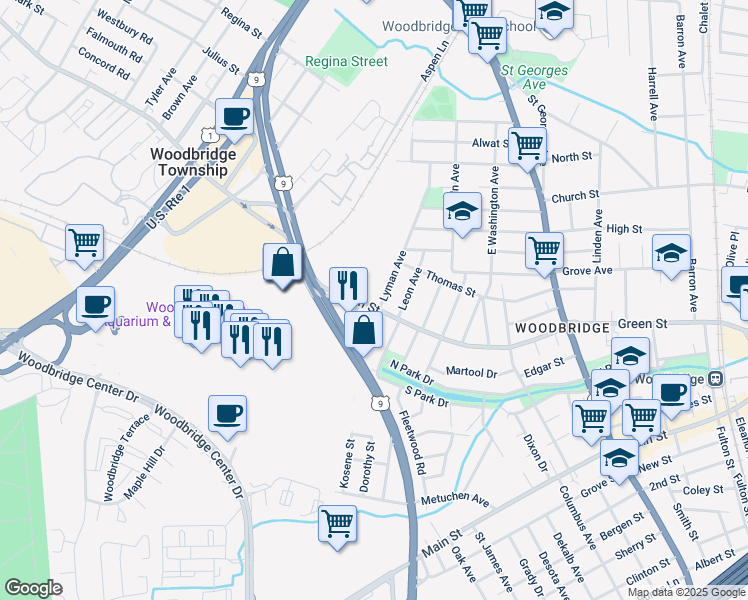 map of restaurants, bars, coffee shops, grocery stores, and more near 500 Lyman Avenue in Woodbridge Township