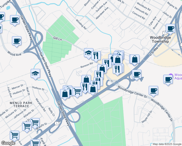 map of restaurants, bars, coffee shops, grocery stores, and more near 2006 Woodbridge Commons Way in Woodbridge Township