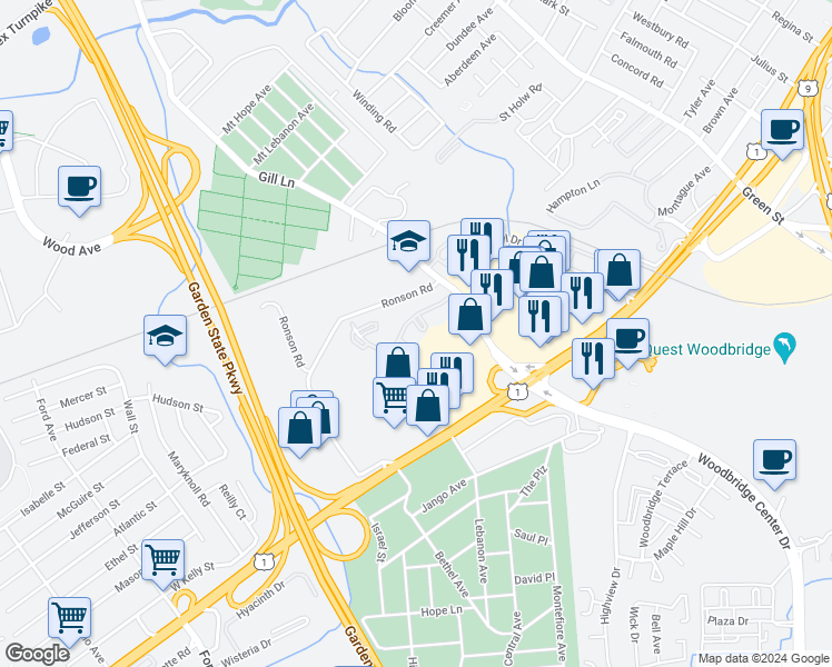map of restaurants, bars, coffee shops, grocery stores, and more near 2006 Woodbridge Commons Way in Woodbridge Township