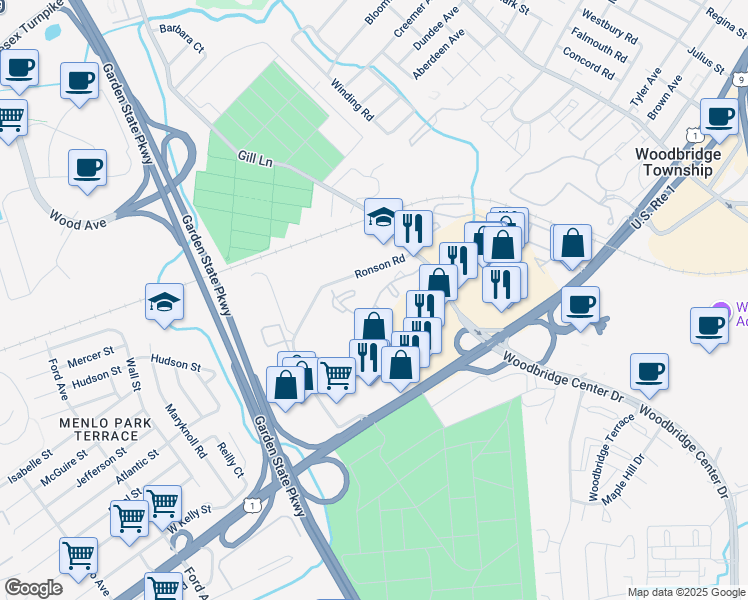 map of restaurants, bars, coffee shops, grocery stores, and more near 2006 Woodbridge Commons Way in Woodbridge Township