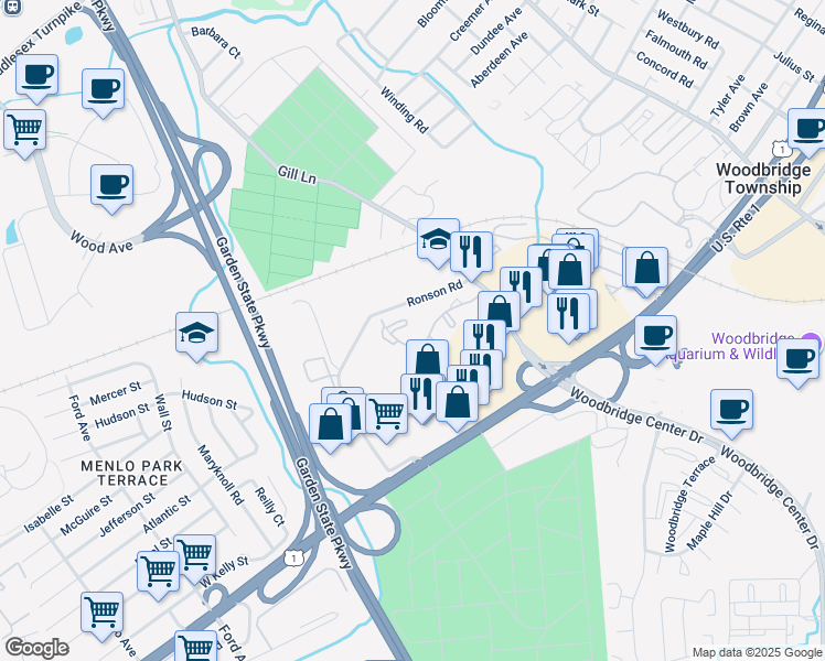 map of restaurants, bars, coffee shops, grocery stores, and more near 1009 Woodbridge Commons Way in Woodbridge Township