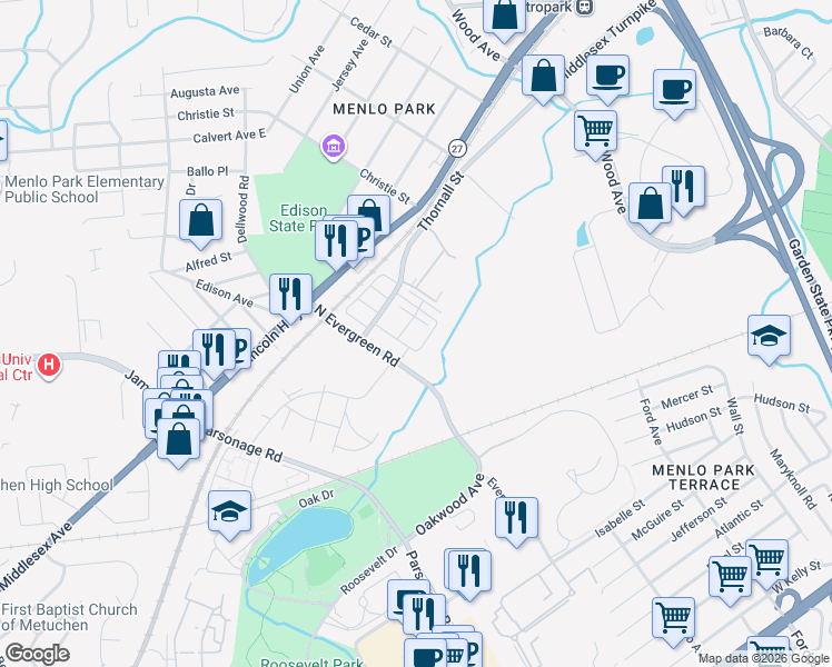 map of restaurants, bars, coffee shops, grocery stores, and more near 48 North Evergreen Road in Edison