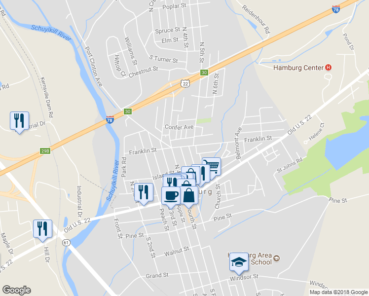 map of restaurants, bars, coffee shops, grocery stores, and more near 158 North 5th Street in Hamburg