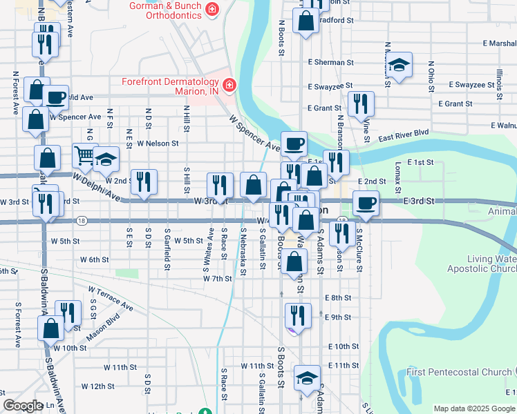 map of restaurants, bars, coffee shops, grocery stores, and more near 304 South Gallatin Street in Marion