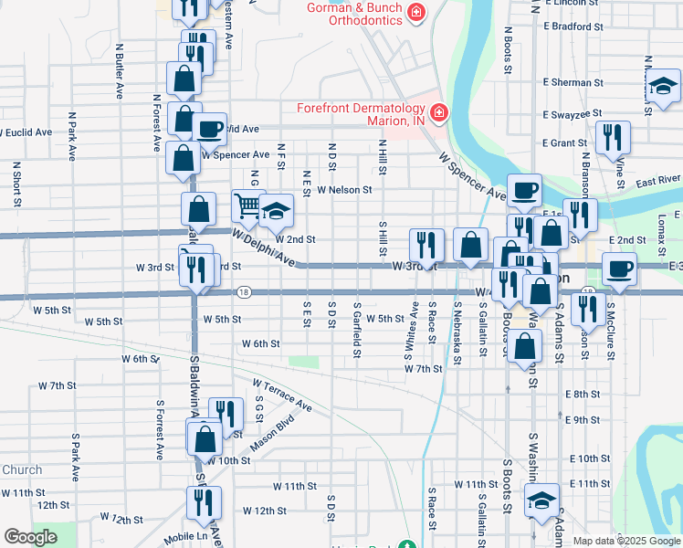 map of restaurants, bars, coffee shops, grocery stores, and more near 901 West 3rd Street in Marion