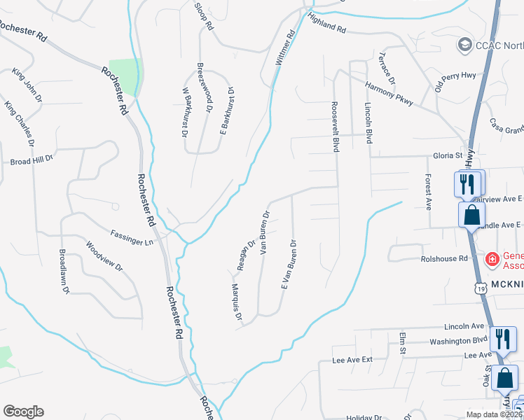 map of restaurants, bars, coffee shops, grocery stores, and more near 8317 Van Buren Drive in Pittsburgh