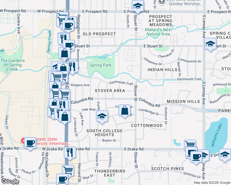 map of restaurants, bars, coffee shops, grocery stores, and more near 409 Duke Lane in Fort Collins