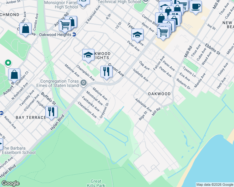 map of restaurants, bars, coffee shops, grocery stores, and more near 511 Medina Street in Staten Island