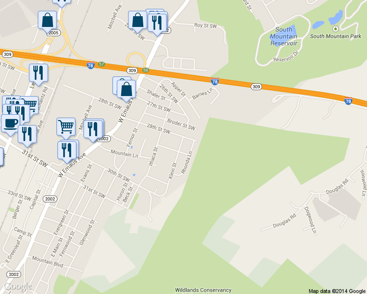 map of restaurants, bars, coffee shops, grocery stores, and more near 2822 Klein Street in Allentown