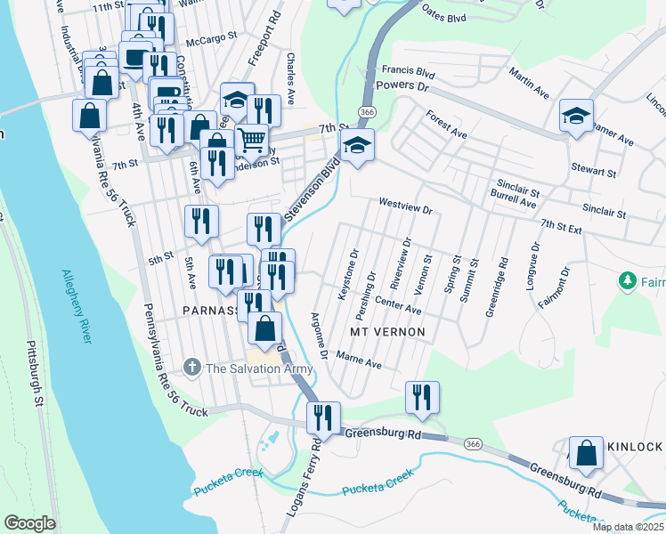 map of restaurants, bars, coffee shops, grocery stores, and more near 418 Argonne Drive in New Kensington
