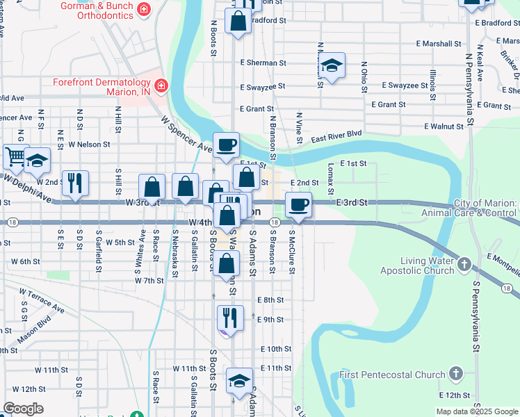 map of restaurants, bars, coffee shops, grocery stores, and more near 307 South Adams Street in Marion