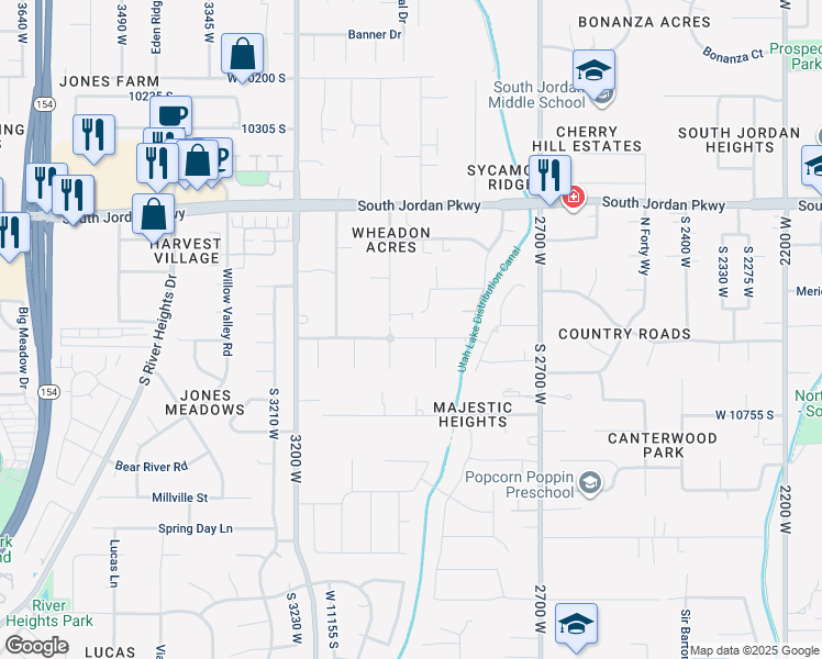 map of restaurants, bars, coffee shops, grocery stores, and more near 2978 Bison Ridge Road in South Jordan
