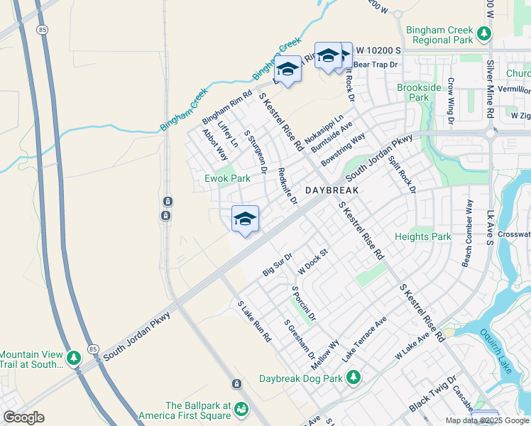 map of restaurants, bars, coffee shops, grocery stores, and more near 5371 West Bowstring Way in South Jordan