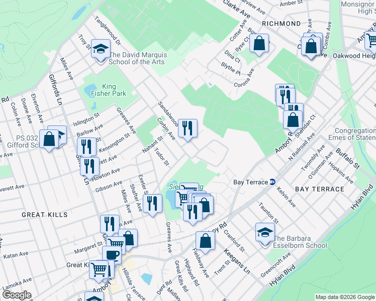 map of restaurants, bars, coffee shops, grocery stores, and more near 59 Corbin Avenue in Staten Island