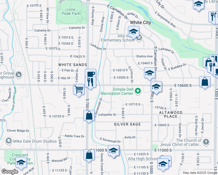 map of restaurants, bars, coffee shops, grocery stores, and more near 10612 Carrington Street in Sandy
