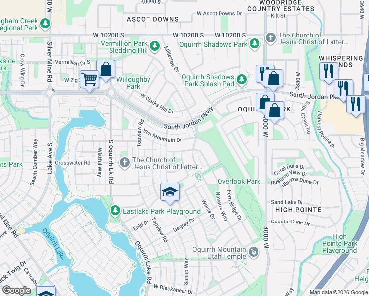 map of restaurants, bars, coffee shops, grocery stores, and more near 4296 West Belleville Way in South Jordan