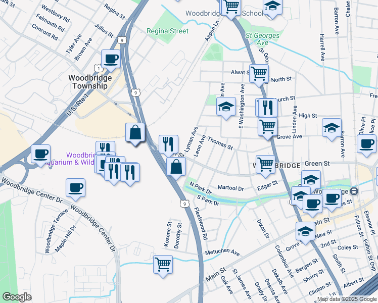 map of restaurants, bars, coffee shops, grocery stores, and more near 500 Lyman Avenue in Woodbridge Township