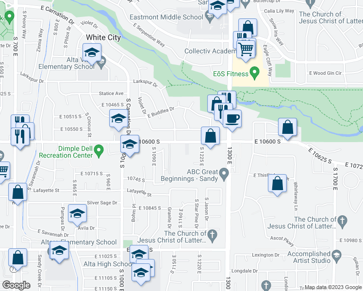 map of restaurants, bars, coffee shops, grocery stores, and more near 1170 East 10600 South in Sandy