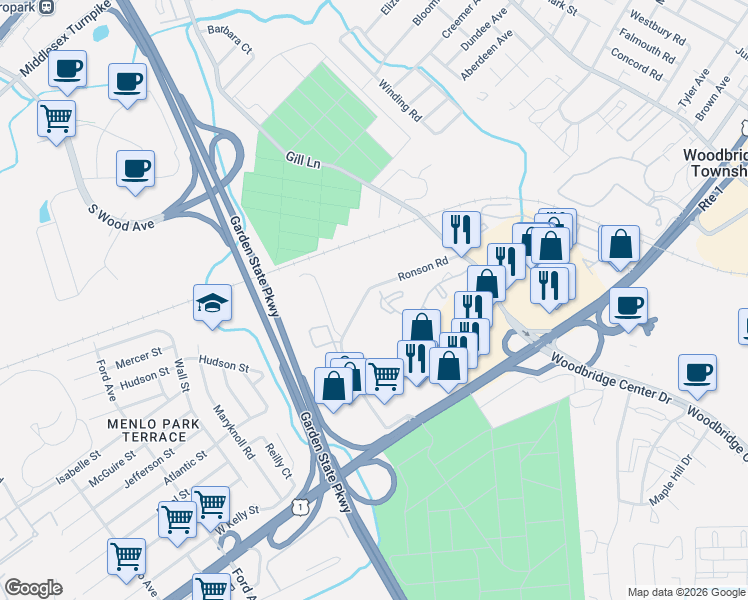 map of restaurants, bars, coffee shops, grocery stores, and more near 1104 Woodbridge Commons Way in Woodbridge Township