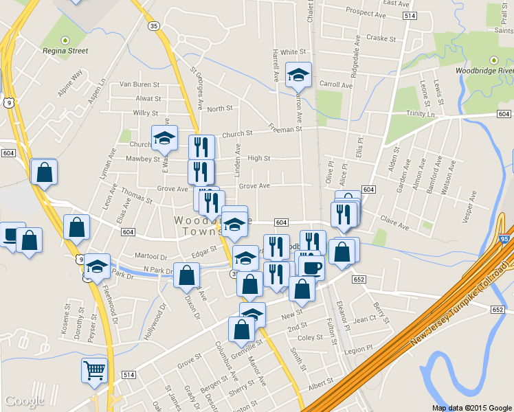 map of restaurants, bars, coffee shops, grocery stores, and more near 510 Tisdale Pl in Woodbridge Township