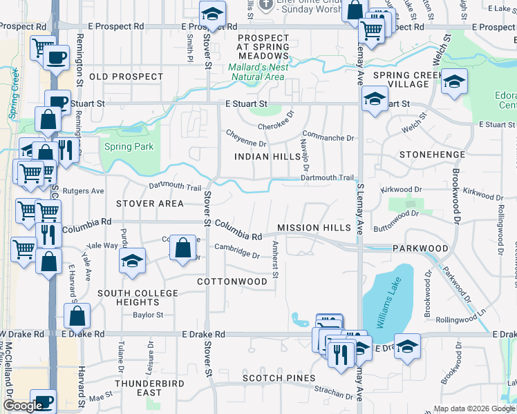 map of restaurants, bars, coffee shops, grocery stores, and more near 2218 Apache Court in Fort Collins