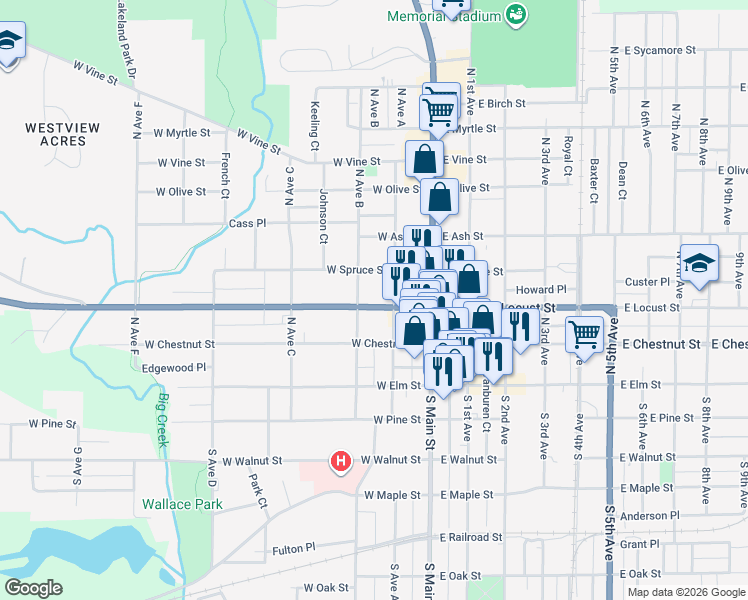 map of restaurants, bars, coffee shops, grocery stores, and more near 135 West Locust Street in Canton