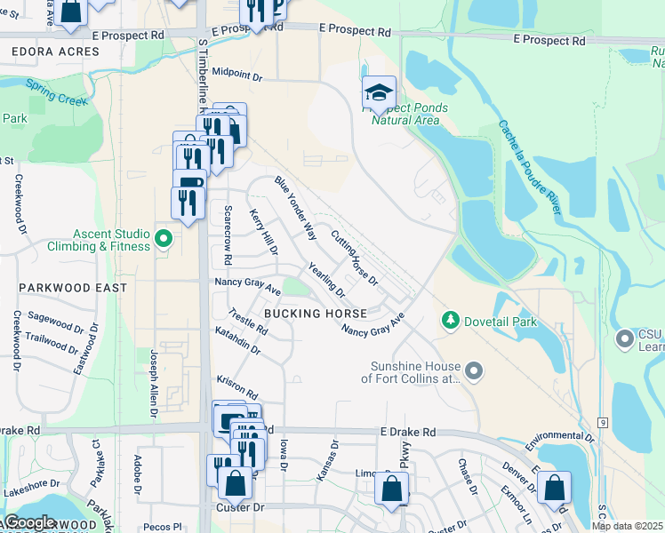 map of restaurants, bars, coffee shops, grocery stores, and more near 2151 Blue Yonder Way in Fort Collins