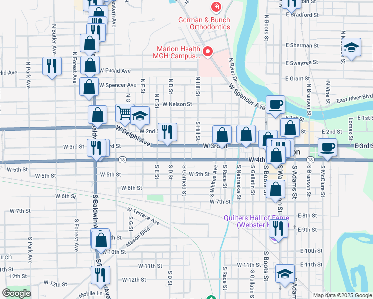 map of restaurants, bars, coffee shops, grocery stores, and more near 725 West 3rd Street in Marion