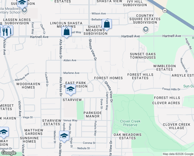 map of restaurants, bars, coffee shops, grocery stores, and more near 3381 Capricorn Way in Redding