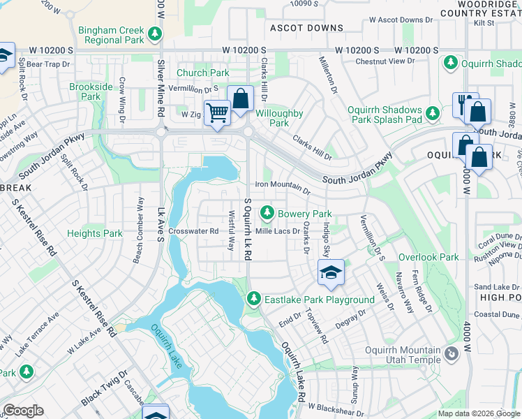 map of restaurants, bars, coffee shops, grocery stores, and more near 4528 Crested Eagle Lane in South Jordan