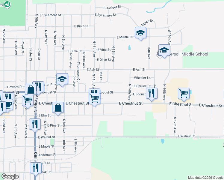 map of restaurants, bars, coffee shops, grocery stores, and more near 1101-1359 East Locust Street in Canton