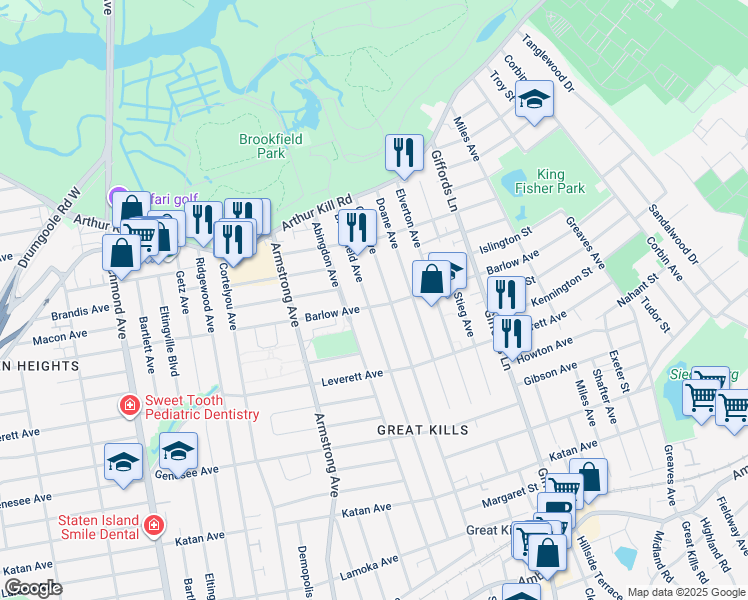 map of restaurants, bars, coffee shops, grocery stores, and more near 289 Brookfield Avenue in Staten Island