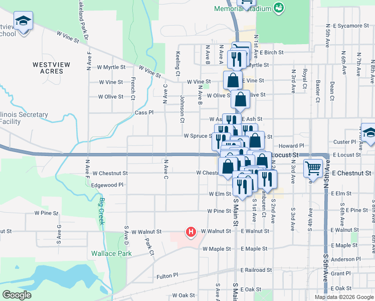 map of restaurants, bars, coffee shops, grocery stores, and more near 219 West Locust Street in Canton