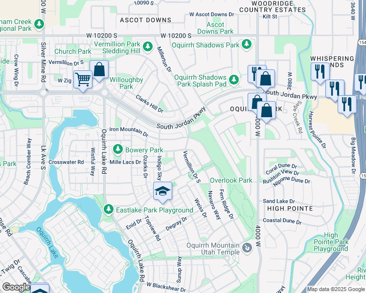 map of restaurants, bars, coffee shops, grocery stores, and more near 4276 South Belleville Way in South Jordan