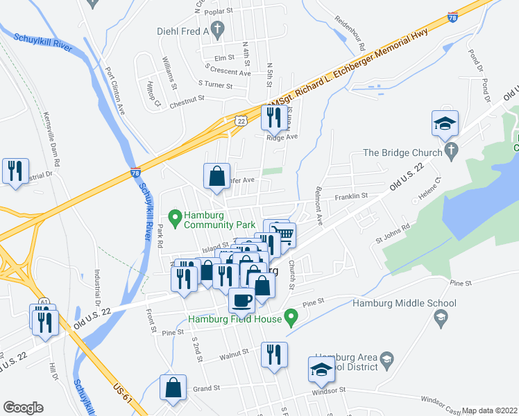 map of restaurants, bars, coffee shops, grocery stores, and more near 518 Franklin Street in Hamburg