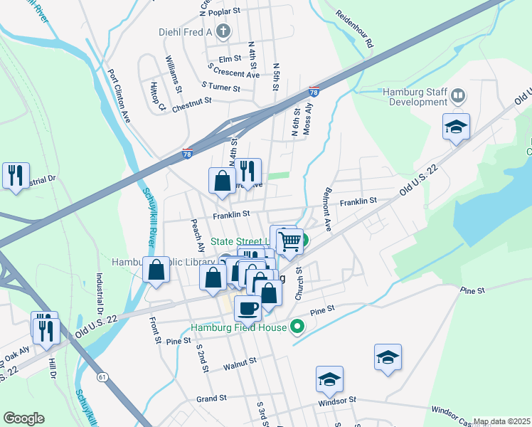 map of restaurants, bars, coffee shops, grocery stores, and more near 518 Franklin Street in Hamburg