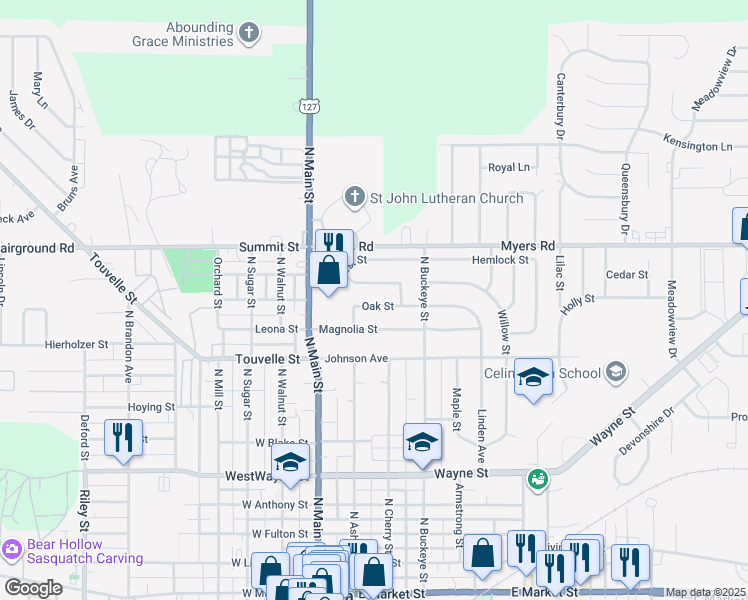 map of restaurants, bars, coffee shops, grocery stores, and more near 217 Oak Street in Celina